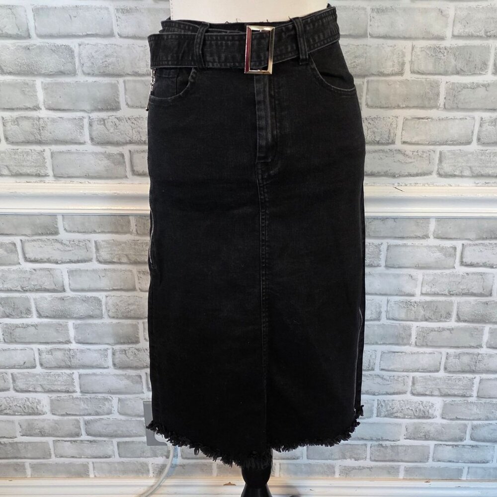 M. Sara Black Denim Midi Skirt Size 27 Western Zipper Raw Hem Grunge Cowboy Core